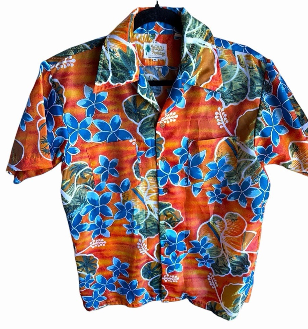 Vintage 60s 70s Waikiki Holiday Hawaiian Tiki Shirt Mens M Orange Floral Camp